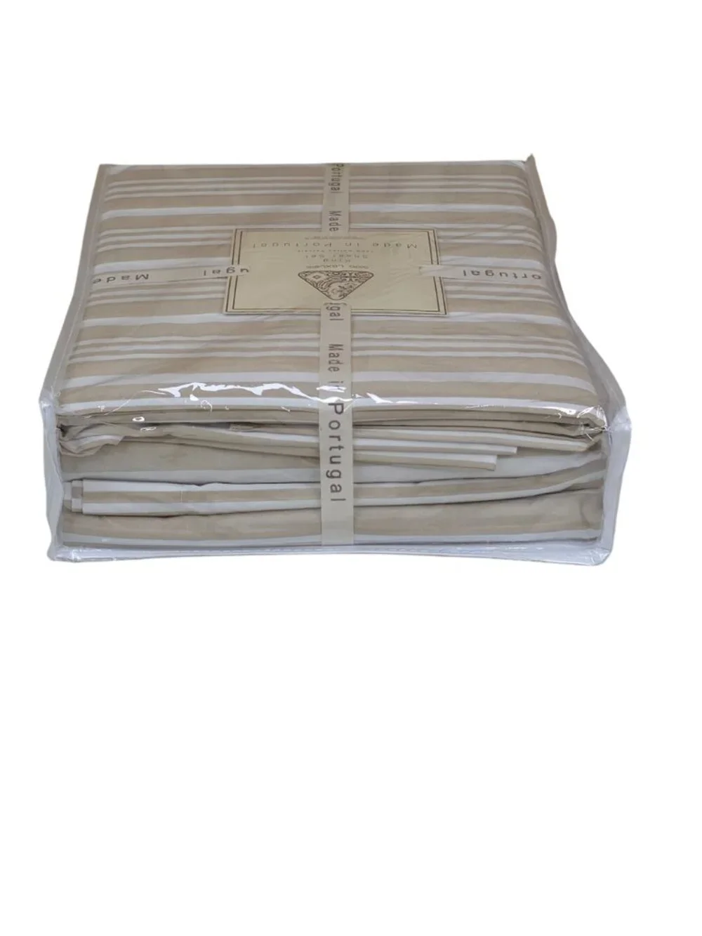 Alda Texteis Portugal King Sheet Set 100% Cotton Percale Beige & White Stripes